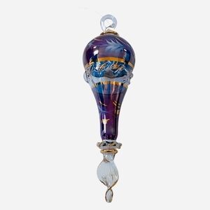 Oversized Egyptian Teardrop Glass Christmas Ornament 8.5” Blue Purple Gold Art